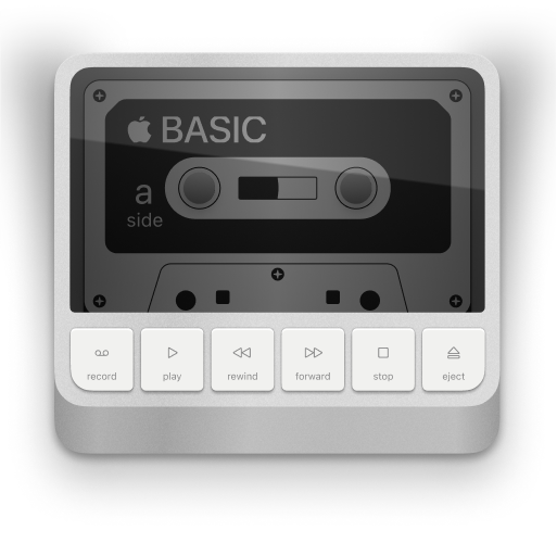 An Apple-style cassette reader with a modern Apple Basic cassette inside and a row of 6 buttons labeled with SF symbols.